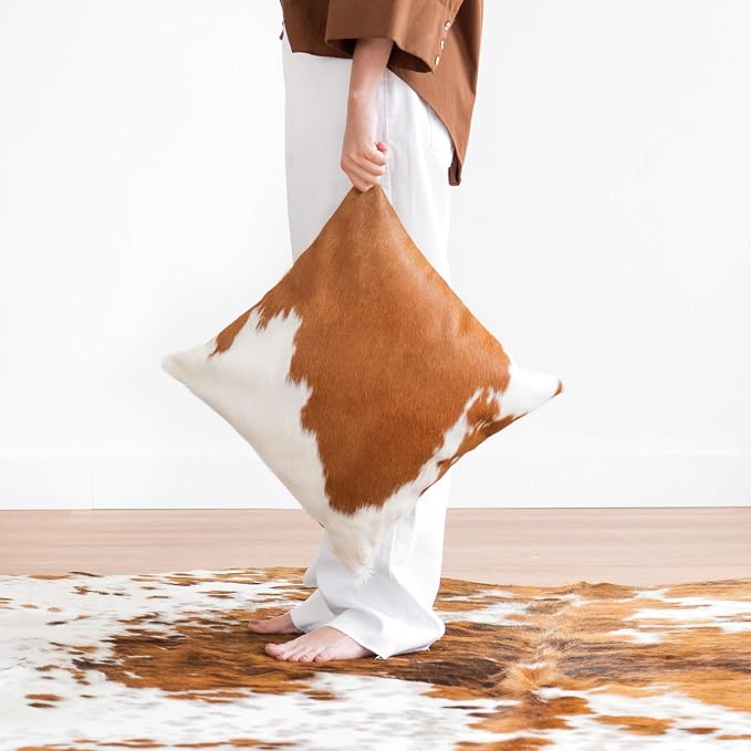 ecowhides 100% Genuine Brazilian Cowhide Pillow Cover – Brown and White – Single-Sided – Luxury Leather Decorative Cushion for Rustic & Western Home Décor – 20” x 20”
