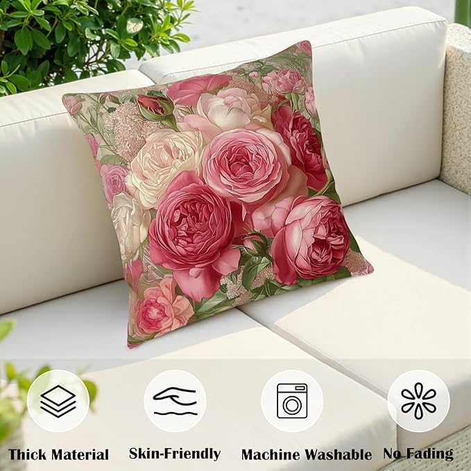 Retro Rose Flower Throw Pillow Covers Rustic Pink Rose Pillow Covers Spring Summer Floral Pillow Cases 22x22 Shabby Chic Oil Painting Cushion Case for Home Farmhouse 2 Pack