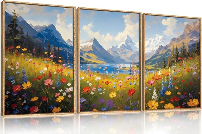 HOURIA Spring Boho Vibrant Watercolor Wildflower & Snowy Mountain Framed Canvas Wall Art Set,Colorful Floral Landscape Decor,Modern Natural Field Scenery Artwork for Living Room,Bedroom,Farmhouse-16"x24"x3