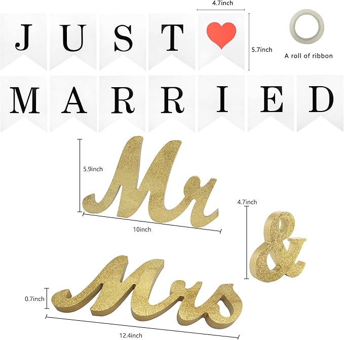 Mr & Mrs Sign for Wedding Table, Just Married Banner, Wedding Decoration Items, Head Table Wood Letter, Anniversary Party Valentine's Day Vintage Decor (Golden W/Banner)
