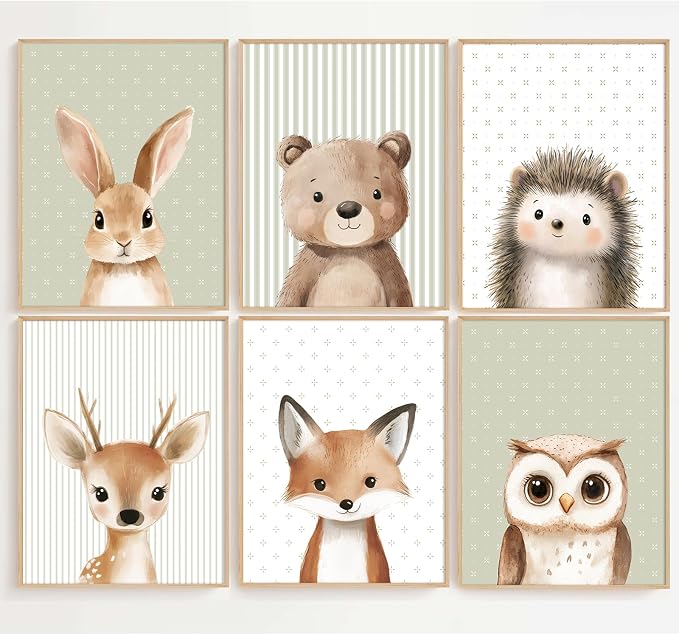 Woodland Animal Nursery Wall Art Decor Baby Kids Canvas Poster Safari Animal Wall Decor Jungle Forest Prints Bear Fox Deer Pictures Sage Green Painting Neutral Artwork for Bedroom 12x16 Inch Unframed