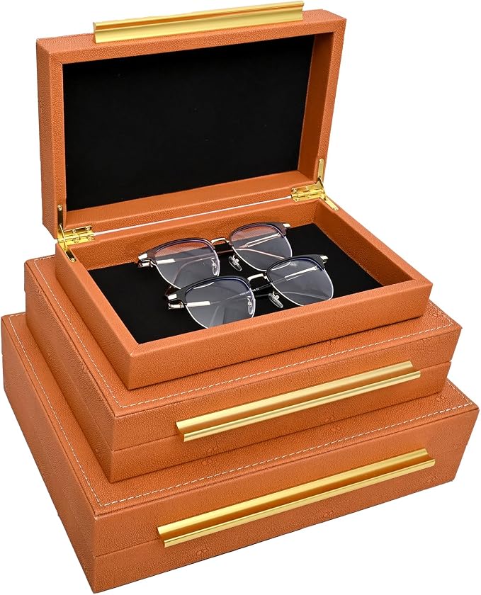 DECOR4SEASON Faux Shagreen Decorative Storage Boxes – Set of 3 Stackable Jewelry Organizers with Gold Metal Handles & Velvet Lining, Modern Burn Orange Box for Vanity, Entryway & Coffee Table Décor