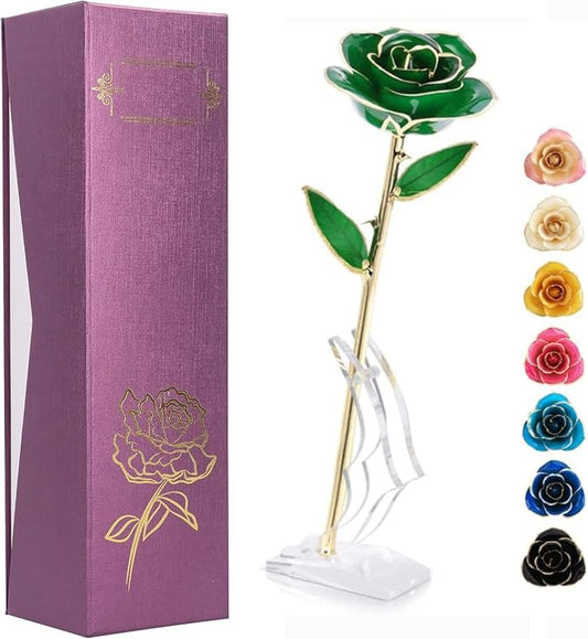 Gold Plate Rose, 24k Gold Dipped Preserved Long Stem Rose Flower for Her Women Wife Mother Girlfriend, Green Rose with Stand