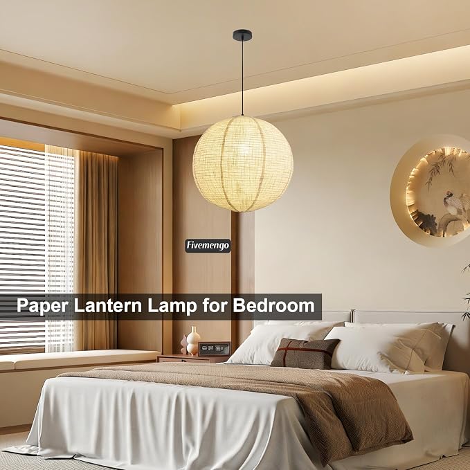 Linen Pendant Light Kit with Cord and Ceiling Canopy, 20in Off-White Round Japanese Japandi Wabi Sabi Lantern Hanging Lamp Chandelier for Living Dining Room Bedroom Rented Apartment 1 Pack