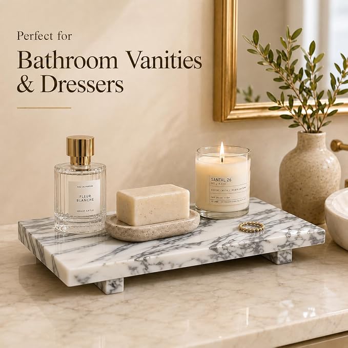 Natural Marble Rectangular Decorative Tray Pedestal Stand, 13.8 x 6.7 in Bathroom Vanity Counter Organizer, Jewelry Keys Candles and Soap Display Stone Tray