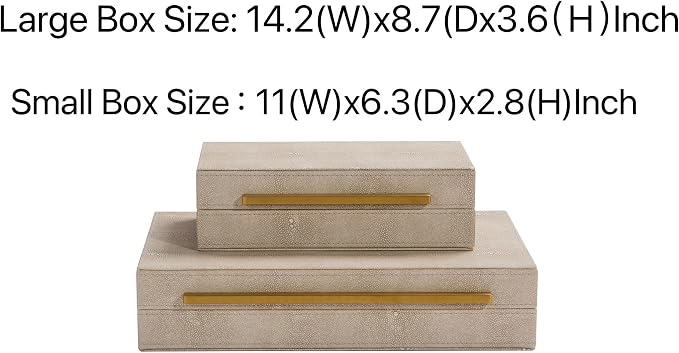 Kingflux Ivory Shagreen Leather Set of 2pcs Decorative Boxes, Storage Boxes Jewelry Organizer, Woment&Men's Accessory Organizer ，Memory Keepsake Box with Brushed Gold handle(Ivory)