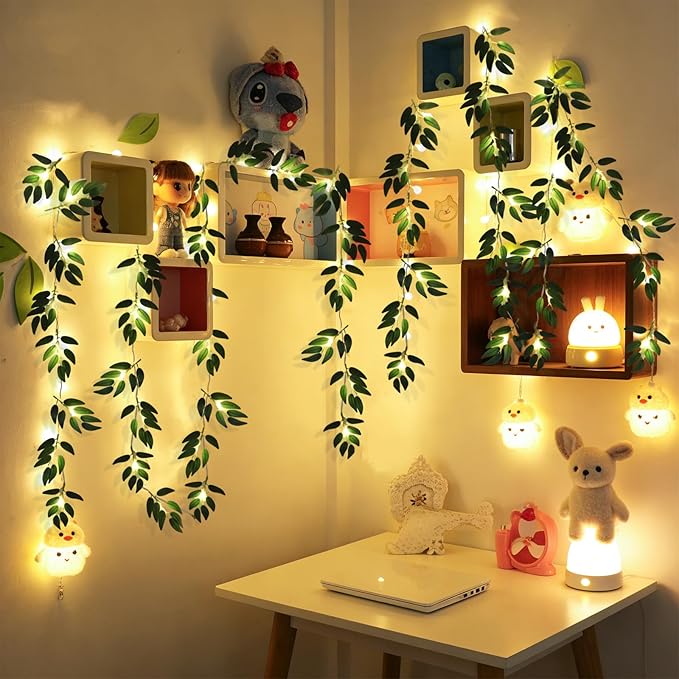RECUTMS Willow Leaves String Lights 2Packs Artificial Leaf Rattan Light Hanging Vine 20LEDs Battery Operated Ivy Greenery for Home Wedding Party Wall Indoor Outdoor Decor
