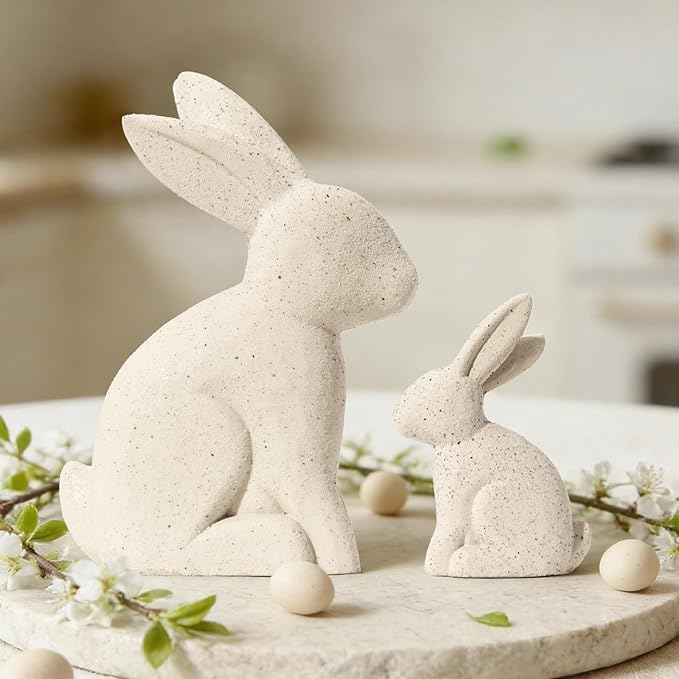 DN DECONATION Easter Decorations White Bunny Decor Rabbit Figurines, Wabi Sabi Easter Bunny Statue Set of 2 for Spring Tabletop Home Decor Farmhouse Shelf Mantel, Pressed Wood Sculpture