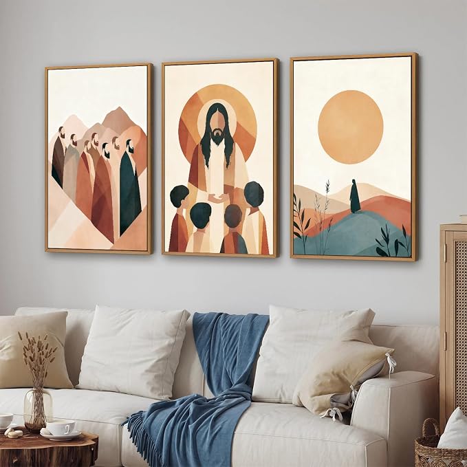 KYLESONLIE Large Jesus and Disciples Framed Canvas Wall Art Set, Boho Christian Bible Posters Wall Decor, Minimalist Religious Faith Art Paintings for Living Room Bedroom Dining Room Church 16"x24"x3