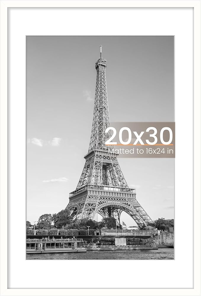 upsimples 20x30 Poster Frame, Display Pictures 16x24 with Mat or 20x30 Without Mat, Wall Hanging Picture Frame, White, 1 Pack