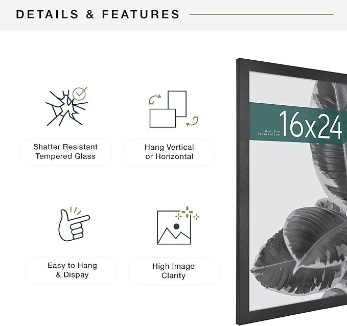 MCS Studio Gallery 16x24 Poster Frame Black Woodgrain Engineered Wood, Vertical & Horizontal Wall Hanging Large Picture Frame for Photos, Posters & Art Prints (1-Pack)