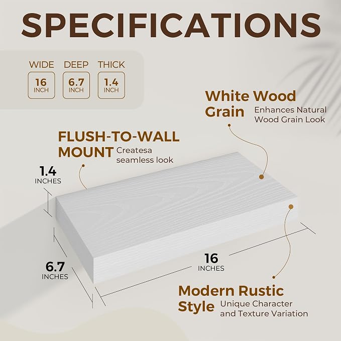 Dreamland 16" White Floating Shelves 6.7" Deep Wall Mounted Set of 2 | Wall shelves for bathroom, bedroom, Living Room, kitchen, deep wall mount wood storage display for home decor 16" x 6.7"