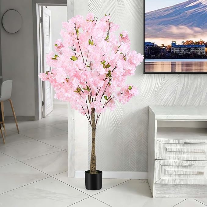 Cherry Blossom Artificial Tree,Fake Pink Cherry Blossom Tree,Lifelike Decorative Plant in Pot for Indoor/Outdoor, Christmas, Garden,Home Office Dec (4FT)