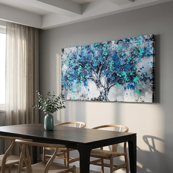 Tree Wall Art Teal Blue Nature Tree of Life Abstract Canvas Painting Textured Picture, Modern Landscape Artwork Framed for Living Room Bedroom Bathroom Office Home Decor 58x28in