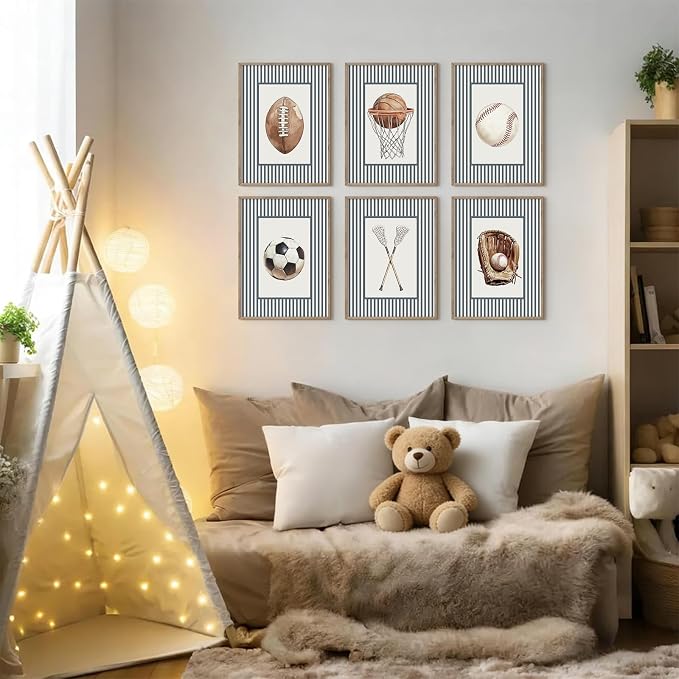Sports Wall Art Decor Toddler Boys Room Canvas Prints Vintage Sports Nursery Wall Decor Baby Kids Poster Football Baseball Pictures Basketball Soccer Artwork for Children Bedroom 8x10x6 Inch Unframed