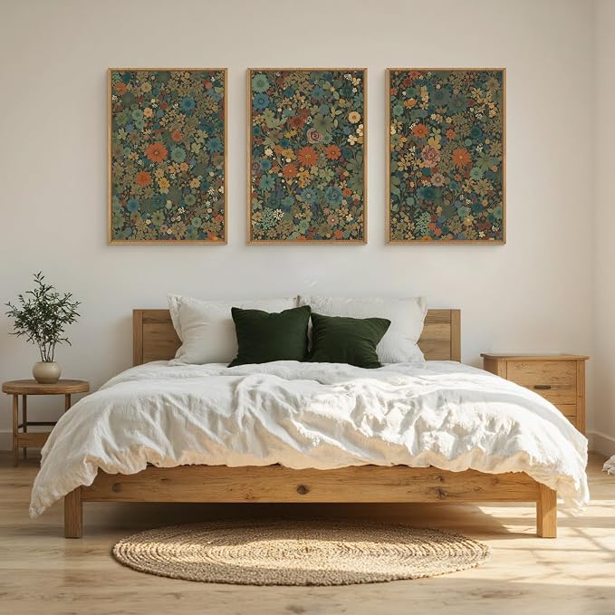 DRACIT Large Vintage Boho Floral Framed Canvas Wall Art Set,Antique Colorful Botanical Flower Wall Decor,Retro Nature Blossom Wildflowers Art Print for Living Room,Bedroom, Office-24”×36”×3