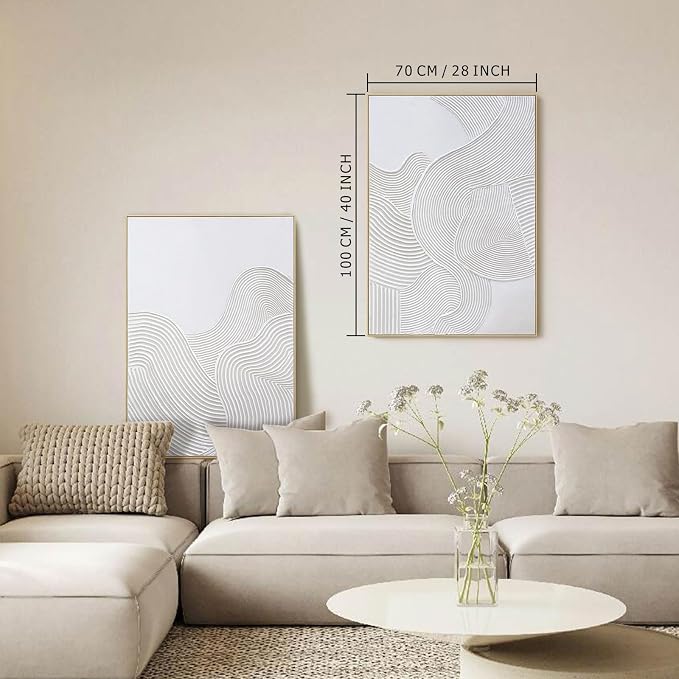 Framed Neutral Abstract Wall-Art Painting - Large Abstract Canvas Wall Decor 3D Curve Illustrations Hand painting for Living Room, Bedroom, Office - 2 Piece 28 x 40 Inch, Ready to Hang