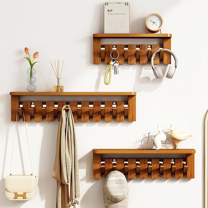 Wall Mounted Coat RackHooks Piano Key Hangers Natural Solid Wood Hanger Non-Woven Fabric Clothes Hangers for Closet, Kitchen, Bedroom, Bathroom, Entryway (Tray-Walnut, 8 Hooks)