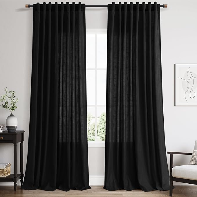 Nanspring Extra Long 108 Inch Curtains Linen for Living Room Black Simple Modern Privacy Curtains Back Tab Rod Pocket Long Semi Sheer Curtain Drapes for Bedroom 9Ft 60x108