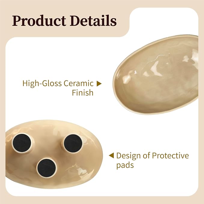 Three-Leg Ceramic Fruit Bowl, 10 Inch Oval Serving Dish for Kitchen Counter, Candy or Key Holder, Home Decor Accent Beige
