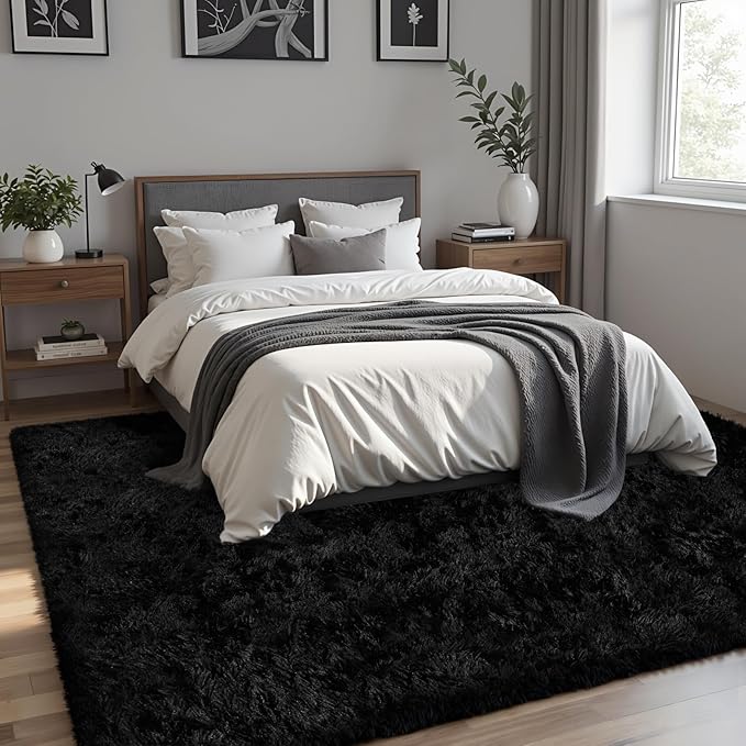 8x10 Area Rug for Living Room, Ultra Soft Fluffy Shag Rugs for Bedroom, Non-Slip Large Fuzzy Plush Rug Indoor Floor Carpet for Nursery Kids Office Dorm Modern Decor, Black