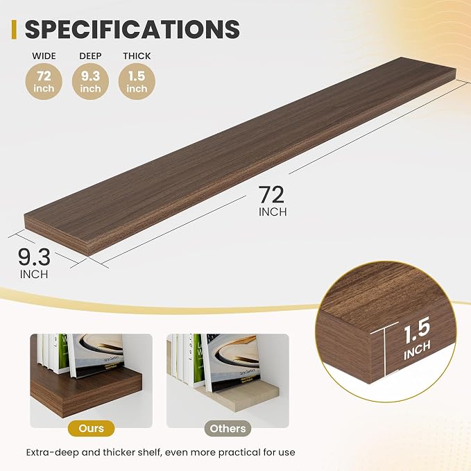 Acovy 72 Inch Floating Shelves, 9.3" Deep Floating Shelf Wall Mounted, 72" Wall Shelves, Rustic Deep Bookshelf, Large Display Shelves & Storage Shelves for Bedroom, Living Room, Walnut, Set of 1