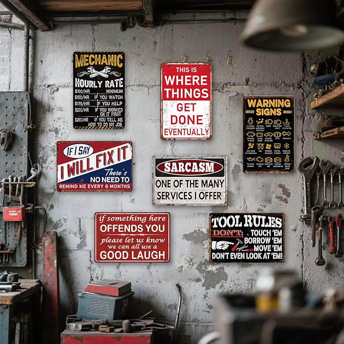 Funny Garage Metal Signs Vintage Man Cave Decor for Men - Retro Car Room Wall Art Posters, Mechanic Shop Signs & Mens Garage Gifts 7 Piece Set (8×12 Inch)