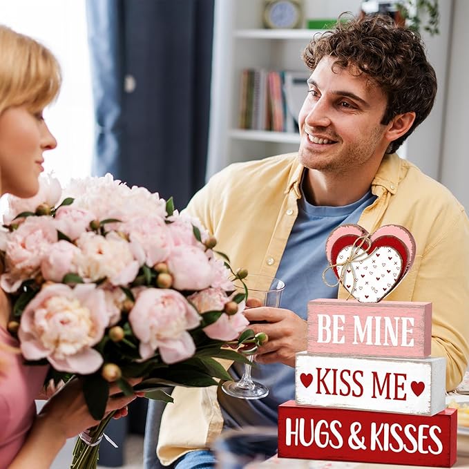 Marsui 4 Pcs Valentine's Day Decorations for Home Heart Table Decor Rustic Distressed Wooden Signs Valentines Centerpieces Blocks Farmhouse Valentines Tiered Tray Decor for Desk Shelf Mantel Indoor