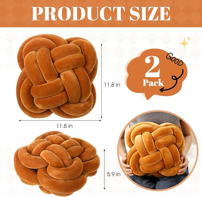 Beeveer 2 Pcs Knot Pillow Balls Set, 12 Inch Soft Decorative Throw Knot Pillow Ball, Large Square Knotted Floor Cushion for Living Room Bedroom Sofa Couch Bed Home Decoration(Caramel Brown)