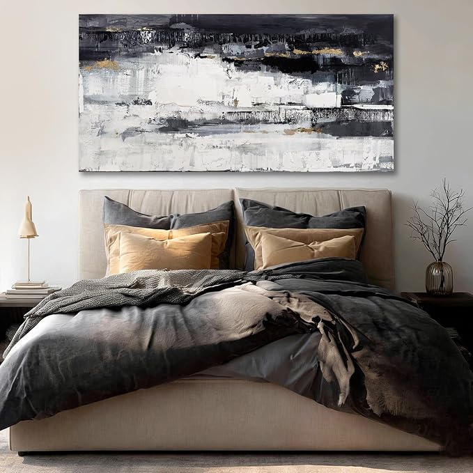 Dolidoteart Canvas Wall Art, Black White Gray Abstract Wall Art Print, Modern Gold Accent Horizontal Artwork for Living Room Bedroom Office, 24x48 Inch