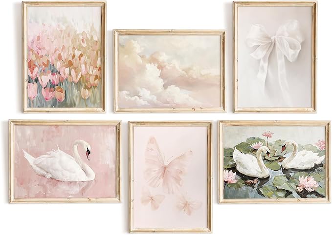 Tocliky Coquette Pink Wall Art Decor Swan Posters Bow Flower Canvas Wall Art Preppy Cute Pictures Trendy Butterfly Posters Coquette Aesthetic Prints for Girl Dorm Room Bedroom 8x10x6 Inch Unframed