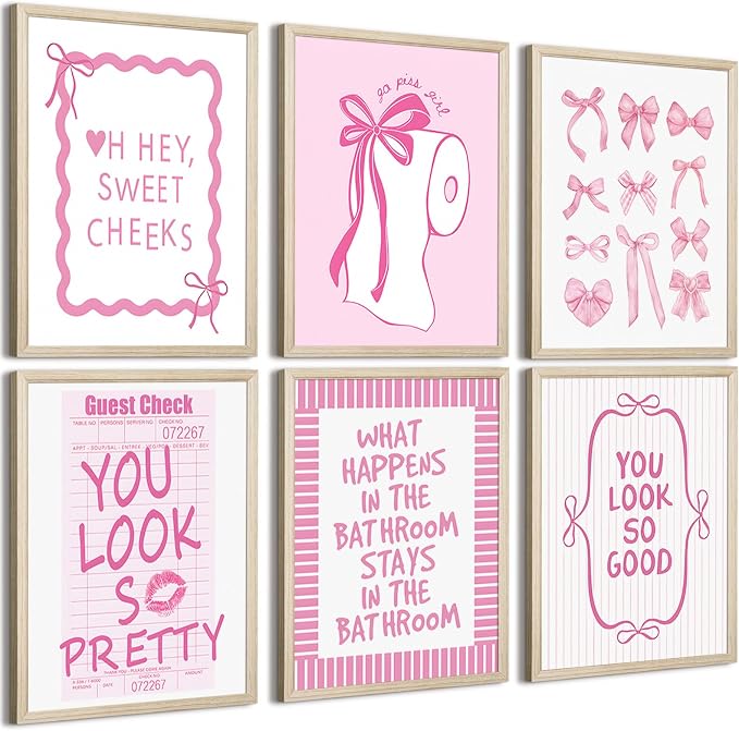 Pink Bow Bathroom Wall Art Decor Girl Coquette Posters Preppy Cute Pictures | Girly Bathroom Canvas Wall Art Pink Bowknot Aesthetic Poster Toilet Paper Prints for Washroom Restroom 12x16x6 Inch Framed