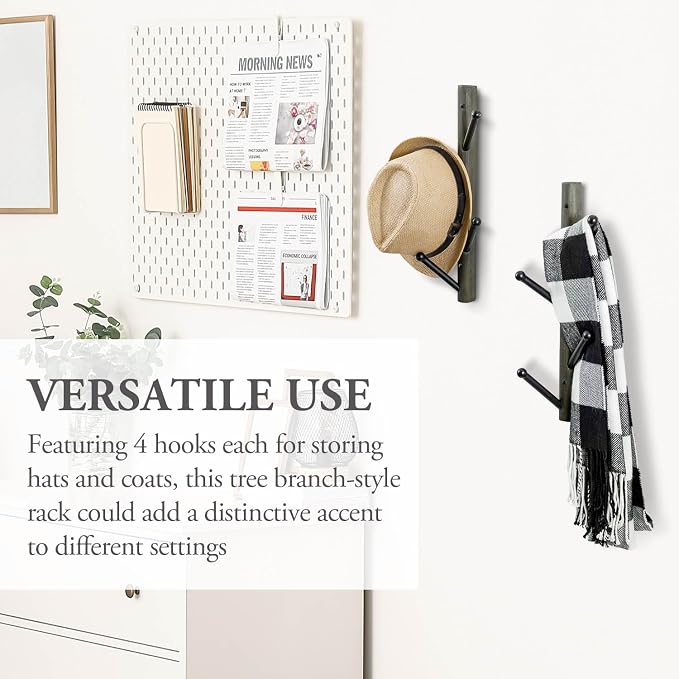 MyGift Wall Mounted Coat Rack Tree, Vintage Gray Weathered Solid Wood and Black Metal Hat Hanger with 4 Hooks, Vertical Entryway Hanging Garment Rack with Branch Style Hooks, Set of 2