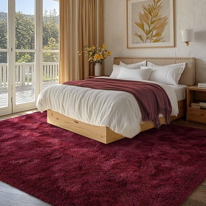 FinRèc 6x9 Feet Red Rug for Living Room Bedroom, Fluffy Shag Area Rug, Non-Slip Plush Fuzzy Rugs for Nursery Kids Room Dorm Room Home Decor, Indoor Furry Floor Carpet