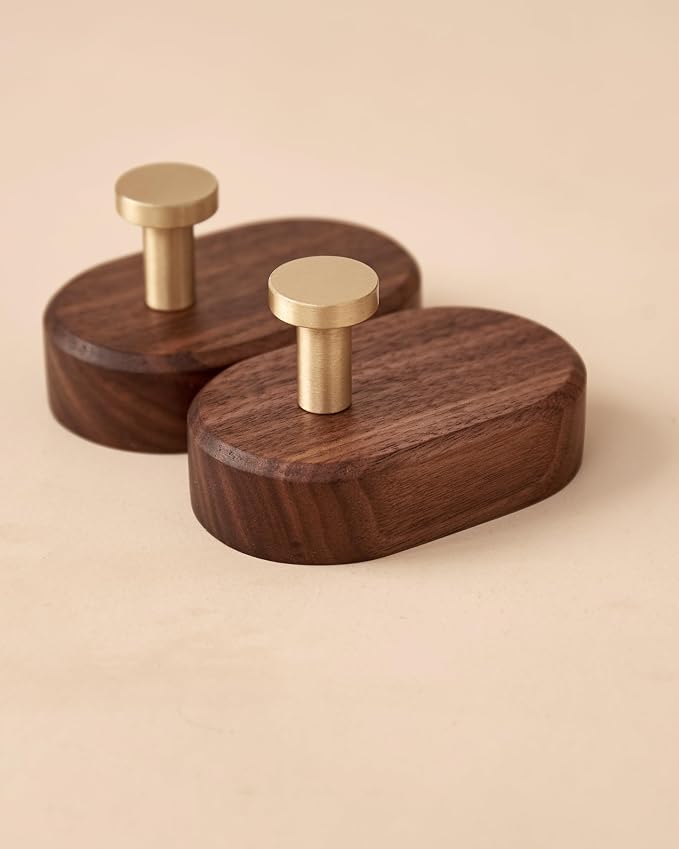 Wood Coat Hooks Wall Mount - Modern Walnut Coat Hook with Bronze Accent for Hanging Clothes,Keys,Purse,Robes,Towel,Backpacks, Single Brass Wall Hooks Heavy Duty for Entryway, Closet, Bathroom (2 Pack)