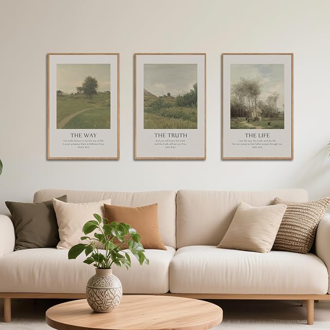SIKERIC Vintage Christian Bible Verse Wall Art Set of 3, The Way The Truth The Life Framed Canvas Art Painting, Scripture Jesus Art Prints, Modern Village Decoration for Living Room, Church-16x24