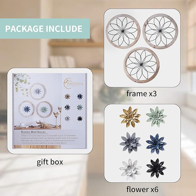 Paquesta 3 Piece Round Farmhouse Wall Decor with 6 Piece Interchangeable Flowers 12'' Medallion Wood & Metal Rustic Wall Art for Living Room Bedroom Kitchen Bathroom Dining Room Home Decorations