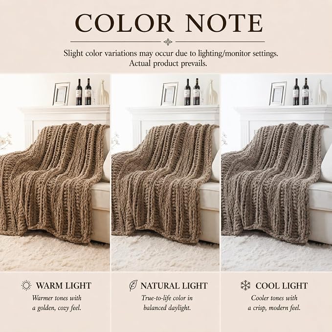 Battilo Chunky Knit Throw Blanket for Couch, 50"x60",Taupe | Hand Knit with Chunky Chenille Yarn, Chenille Blanket, Cozy Warm Thick Soft knitted Blanket for Bed, Sofa, Living Room