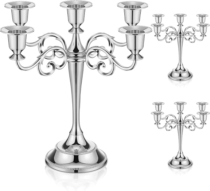Dandat 3 Pcs 5 Arm Metal Candelabra 10.24 Inch Tall Candlestick Holders Gothic Candle Holder for Home Wedding Church Halloween Theme Party Table Centerpieces(Sliver)