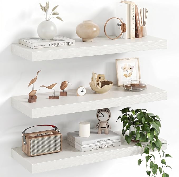 Fun Memories 24 Inch Floating Shelves - 8 Inch Deep Rustic White Wooden Wall Shelves - Extra Deeper & Thicker Wall Mounted Storage Shelf for Bedroom, Kitchen, Farmhouse, White - Set of 3