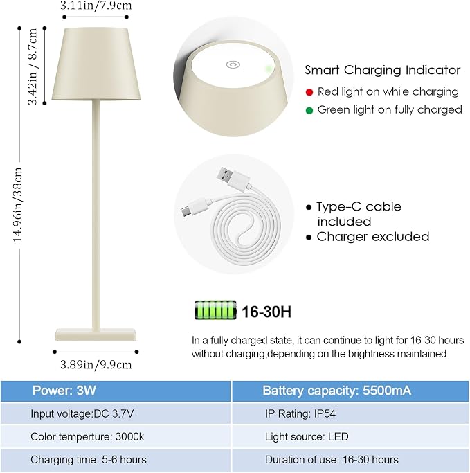 2-Pack LED Cordless Table Lamp, Rechargeable Battery Desk lamp 5000mAh Battery Operated Stepless Dimming Modern Portable Table Light for Restaurant/Bedroom/Outdoor IP54 Waterproof (Off White)