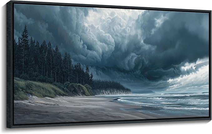 Large Wall Art Beach Canvas Decor Ocean Painting Navy Blue Picture Artwork Modern Seascape Storm Forest Decoration Framed for Living Room Bedroom Home Office Decor Size 24x48 Inches