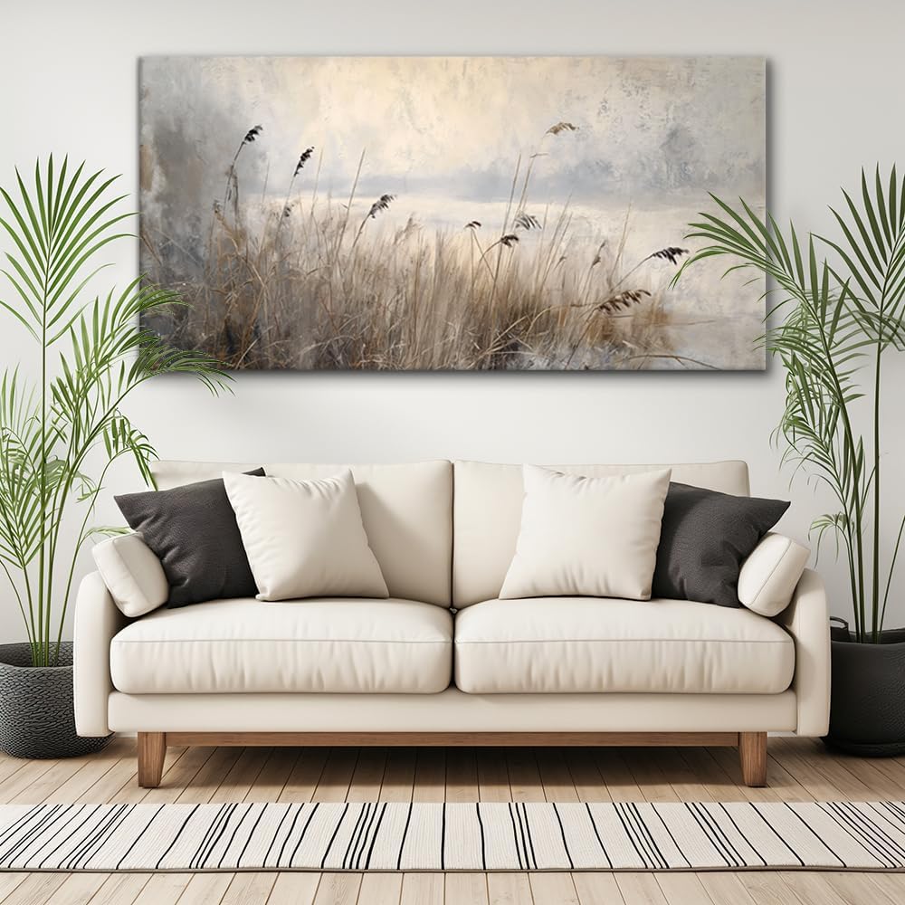 LASMOND Vintage Meadow Wall Art for Living Room Reed Grass Canvas Painting Prints Large Retro Rustic Cottagecore Countryside Landscape Farmhouse Bedroom Artwork Home Decor (58x28 Inches)