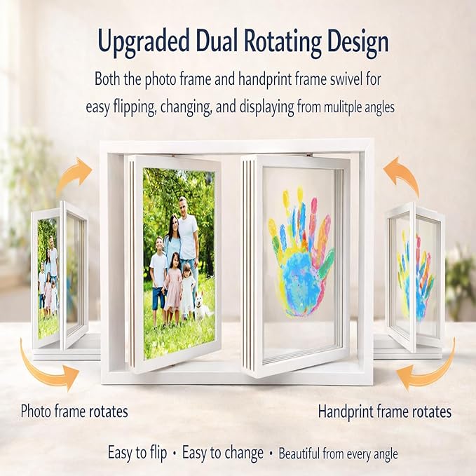 Family Handprint Frame Kit, Dual Rotating Photo & Handprint Display, DIY Keepsake Craft with Wooden Frame, Non-Toxic Paints, Baby Hand & Footprint Kit, Gift for Grandparents & New Parents (White)