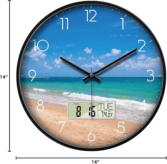 14 Inch Blue Ocean Beach Wall Clock, Silent Non-Ticking Battery Operated Analog Clock with LCD Calendar & Temperature Display, Modern Wall Clock for Home, Office, Beach House, Hotel Decor