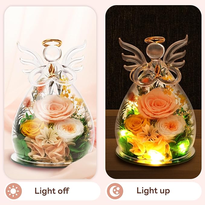 for Mom - Preserved Rose Forever Flower in Glass Angel Figurines, Real Rose Birthday Gifts for Women Grandma Wife, Anniversary Fresh Flower Delivery from Daughter Son
