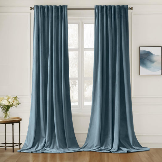 MIULEE Stone Blue Velvet Curtains 90 inches Long 2 Panels - Luxury Pinch Pleated Room Darkening Window Drapes for Bedroom Living Room Thermal Insulated Super Soft, Back Tab Rod Pocket Light Blue