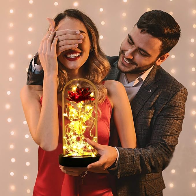 Valentines Day Gifts for her, Beauty and The Beast Rose, Birthday Gifts for Women, Glass Dome Glowing Rose, Eternal Rose Blessing Valentine Flowers Gift for Mother Wife, or Girlfriend
