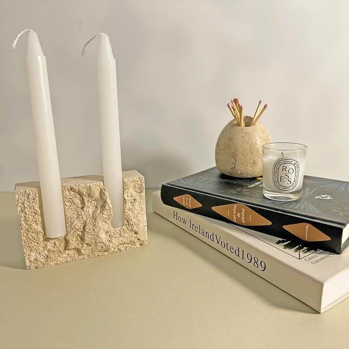 Marble Taper Candle Holder,Travertine Stone Candlestick Holder, Beige,Match Holder
