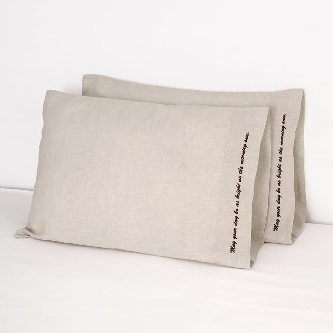 Linen Pillow Cases with Embroidery Design,20"x40" King Size Set of 2,100% French Flax Soft Breathable Handmade Linen Pillowcases,Natural Embroidery